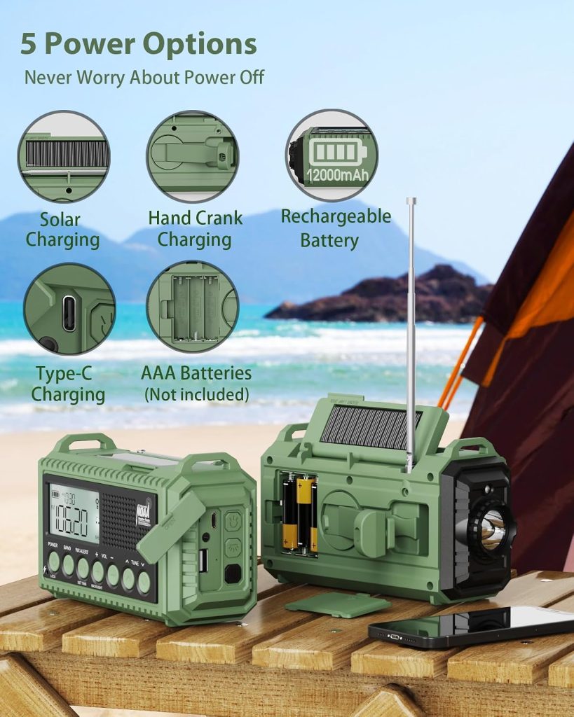Emergency Weather Radio, Hand Crank 12000mAh Battery Powered Auto Alert NOAA Radio,130H Runtime, LCD Digital Display, SOS, Flashlight,Phone Charger, Solar Portable AM/FM/SW Radio for Emergency/Outdoor review | Vanessa Davison https://www.amazon.com/dp/B0FJ19TQWR - Emergency Weather Radio, Hand Crank 12000mAh Battery Powered Auto Alert NOAA Radio,130H Runtime, LCD Digital Display, SOS